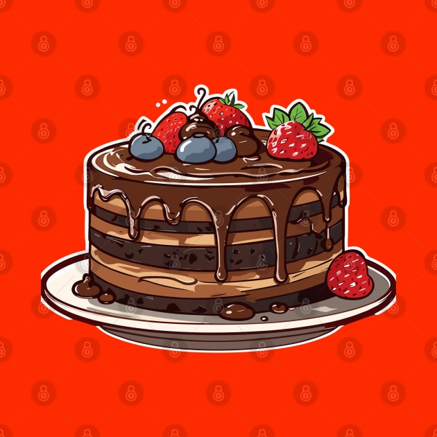 Chocolate Cake with Strawberries Cute Cartoon Sticker by BushidoThreads