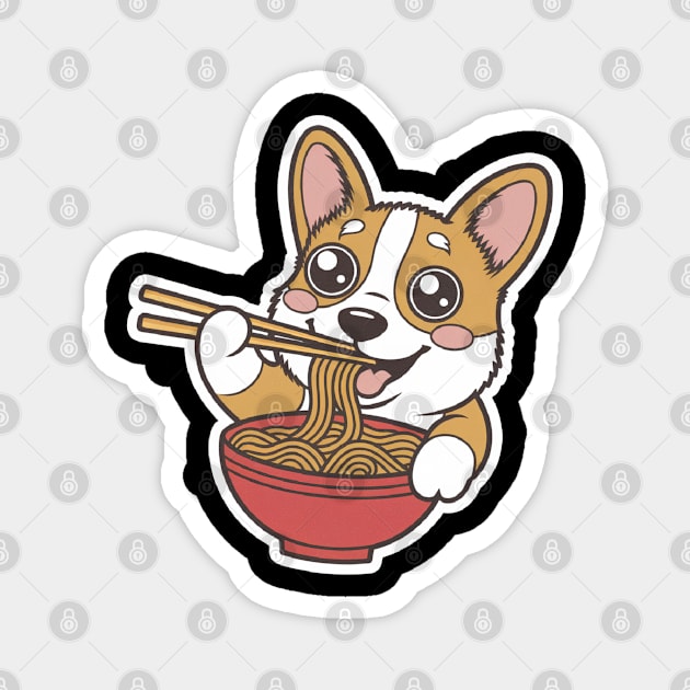 Corgi Eating Ramen, Cute Cartoon Dog Ramen Lover Magnet by Pixel Threads 
