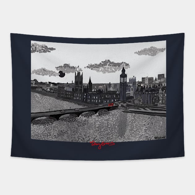 Westminster on the Thames, London  Black and white Tapestry by tobycentreart