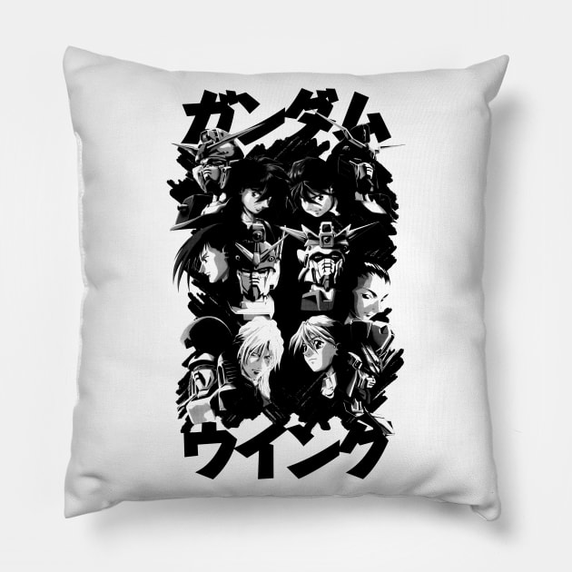 Gundam Wing Pilots (black) Pillow by geekingink