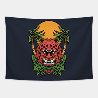 Retro Tiki Mask with Palm Trees & Sun Tapestry