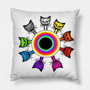 Multicolor cats sitting around a rainbow table Pillow