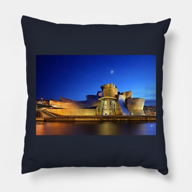 Nights of the Guggenheim Museum - Bilbao Pillow by Cretense72