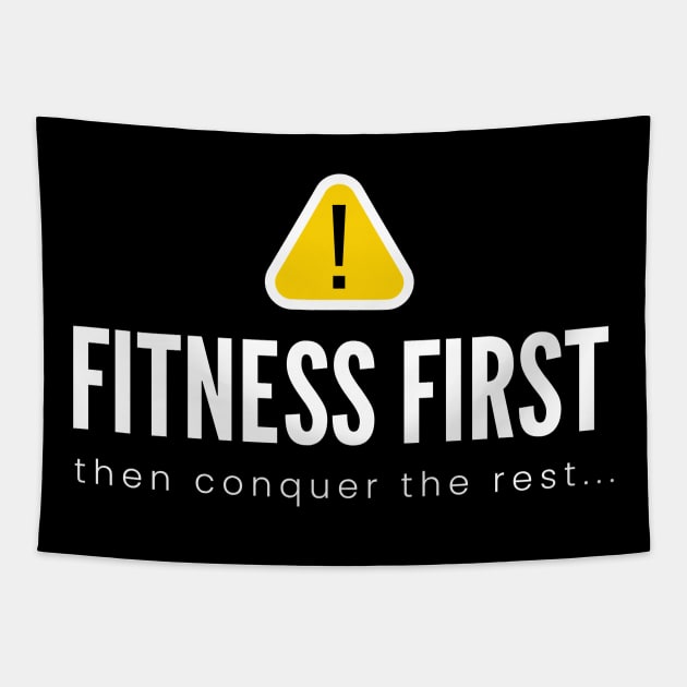 FITNESS FIRST then conquer the rest... (DARK BG)| Minimal Text Aesthetic Streetwear Unisex Design for Fitness/Athletes | Shirt, Hoodie, Coffee Mug, Mug, Apparel, Sticker, Gift, Pins, Totes, Magnets, Pillows Tapestry by design by rj.