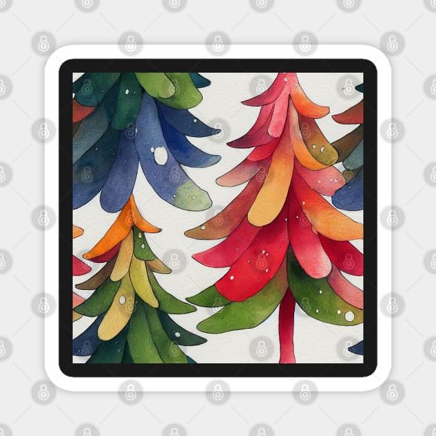 Multi-color Rainbow Watercolor Christmas Trees with Stars and Ball Ornaments Magnet by VintageFlorals