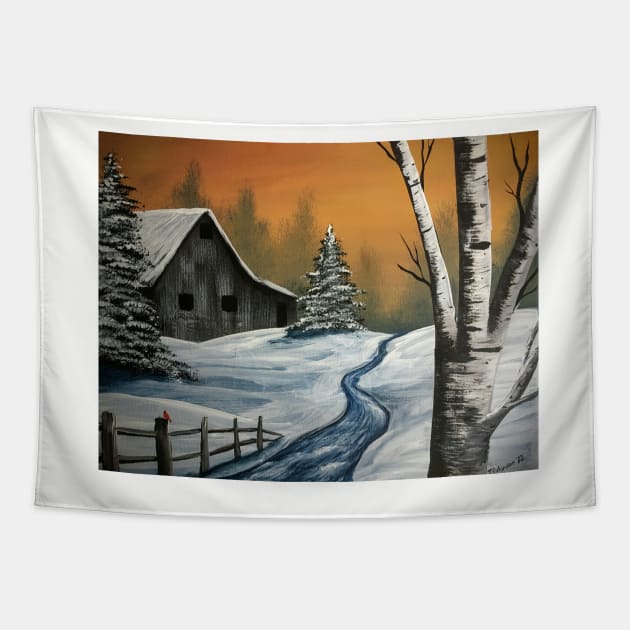 Snowy Barn and Birch Tapestry by SistersInArtN