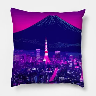 Tokyo City Japan Neon Mount Fuji Future Cyberpunk Art Pillow