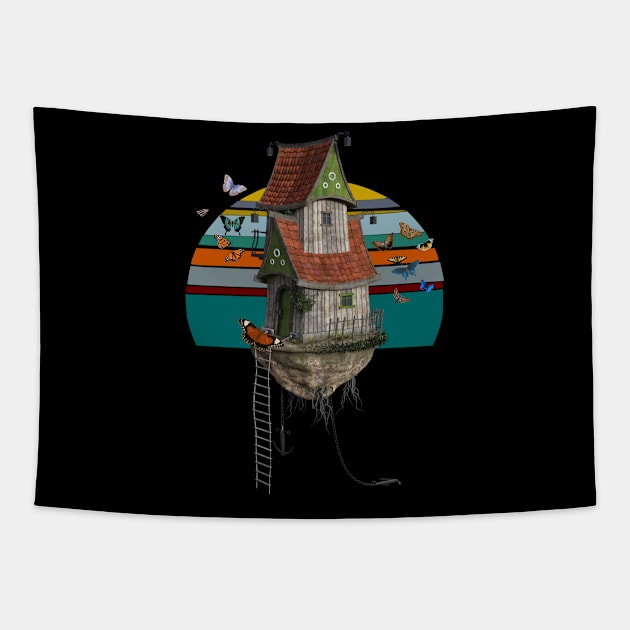 Magic House with butterflies vinntage sun floating flying house Tapestry by SpaceWiz95