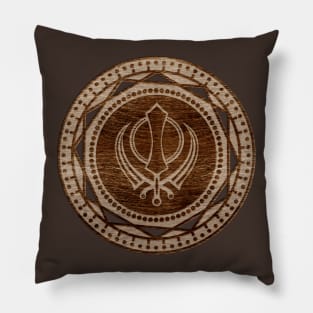 Khanda symbol on wooden texture Pillow