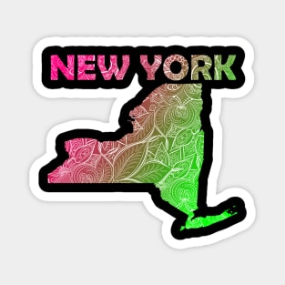 Colorful mandala art map of New York with text in pink and green Magnet