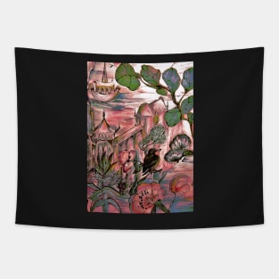 PINK ORIENTAL  ASIAN ART POSTER FLORAL BIRD PAGODA DECO DESIGN PRINT Tapestry