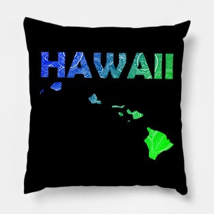 Colorful mandala art map of Hawaii with text in blue and green Pillow