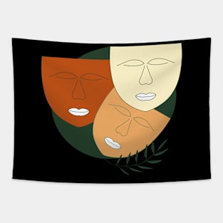 Abstract shape art with line art and faces in earth tones Tapestry