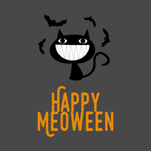 Happy Meoween – Bats and Grinning Black Cat by HighBrowDesigns