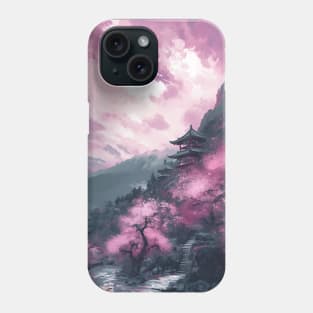 Serene Japanese Temple in Cherry Pink Mountains - Watercolor Painting Phone Case