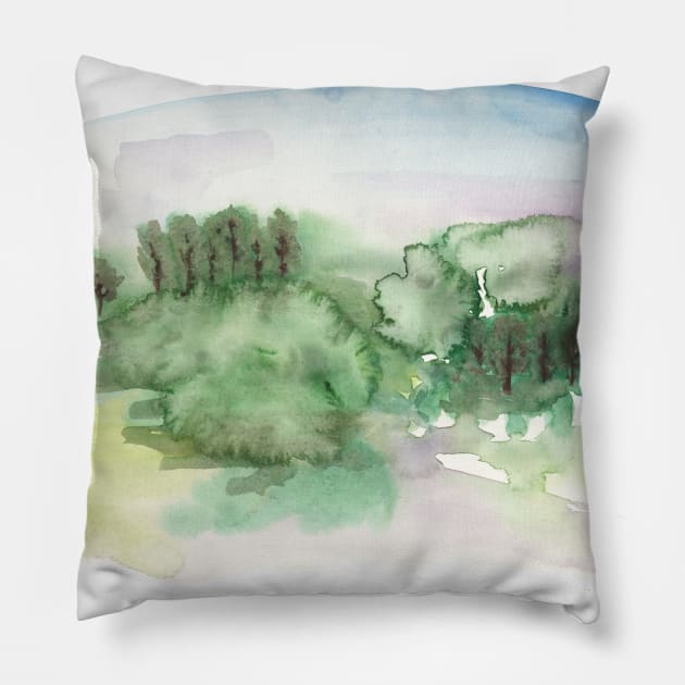 Abstract Watercolor Landscape Pillow by LThomasDesigns