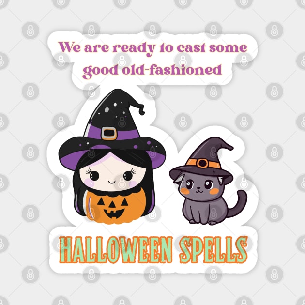 Halloween Witch & Cat - Funny & Cute - Spelling Magic Magnet by TuncGK