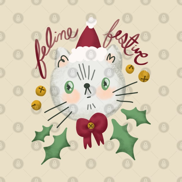 Feline Festive - Christmas cat illustration with bells and holly by KodiakMilly