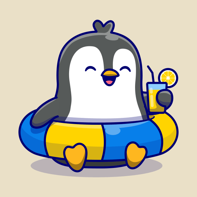 Cute Penguin With Swimming Tires And Orange Juice Cartoon by Catalyst Labs