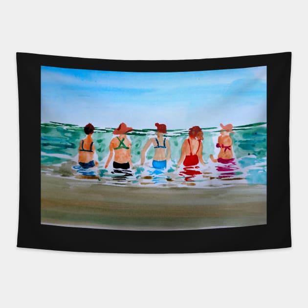 Girls at Beach Watercolor Painting Tapestry by julyperson