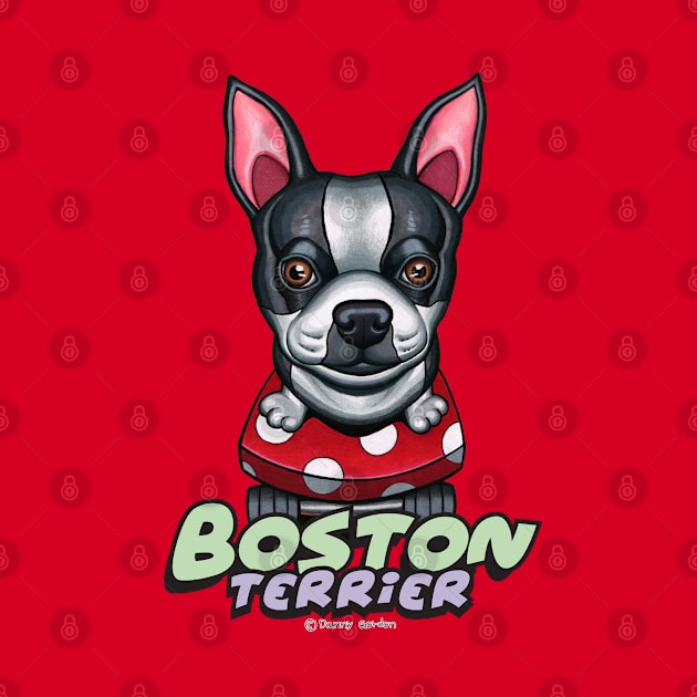 Cute adorable awesome Boston Terrier on Red Polka Dot Skateboard by Danny Gordon Art