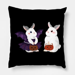 couple white rabbit and overdress bat rabbit _ Bunniesmee Halloween edition Pillow