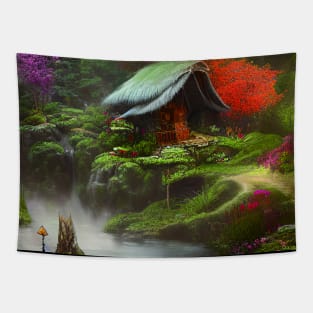 Sparkling Fantasy Cottage with Lights and Glitter Background in Forest, Scenery Nature Tapestry