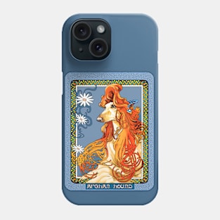 Afghan Hound. Daisies. Mucha/Watson. From an Alphonse Mucha illustration. Blue. Phone Case