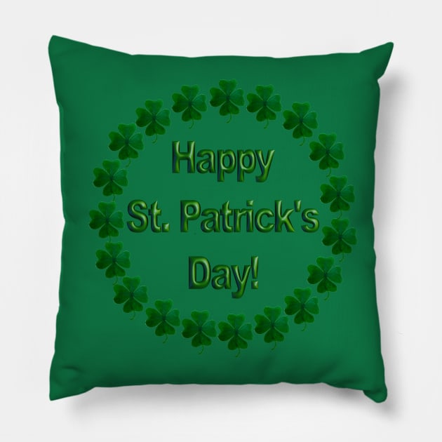 Happy St. Patrick's Day Emblem in a Ring of Shamrocks Pillow by Suzette Ransome Illustration & Design