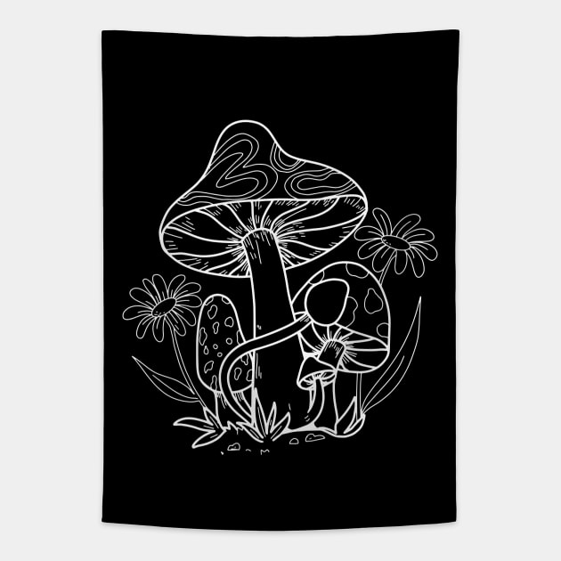 Mushroom Sprouts In Nature Line Art Design Tapestry by Promen Art