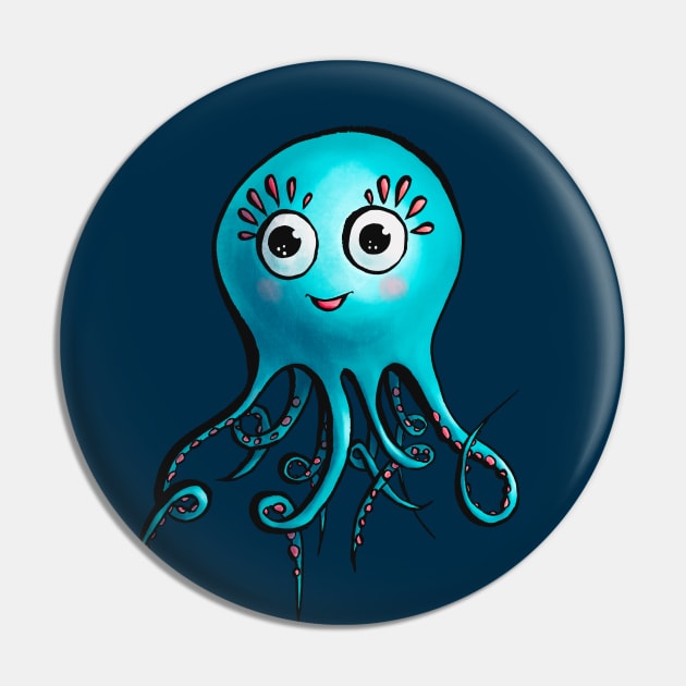 Cute Octopus - Happy Blue Sea Creature Pin by Boriana Giormova