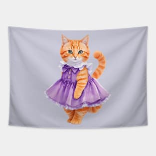 Watercolor orange cat wearing purple dress Tapestry