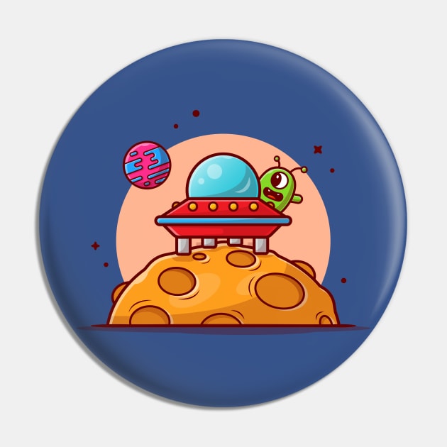 Cute Alien UFO Spaceship Landed on The Moon Cartoon Vector Icon Illustration Pin by Catalyst Labs