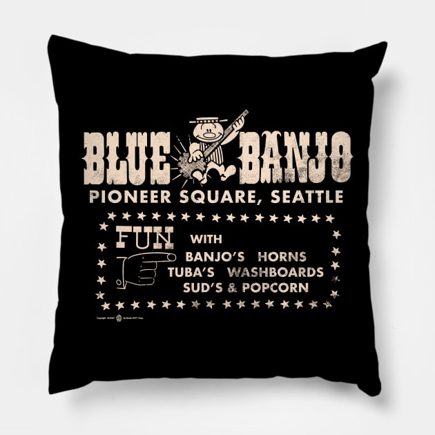 Vintage Blue Banjo Club Seattle Pillow by StudioPM71