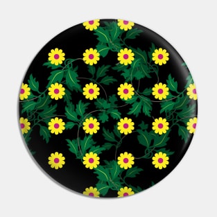 Yellow daisies with Cerise centres over layers of vine leaves on a Black background Pin