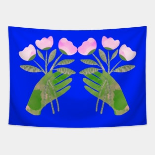 Green hands with pink flowers for you or someone you love on blue Tapestry