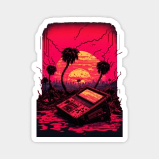 Abandoned Gaming Consol Under Palm Trees And Synthwave Sun Magnet