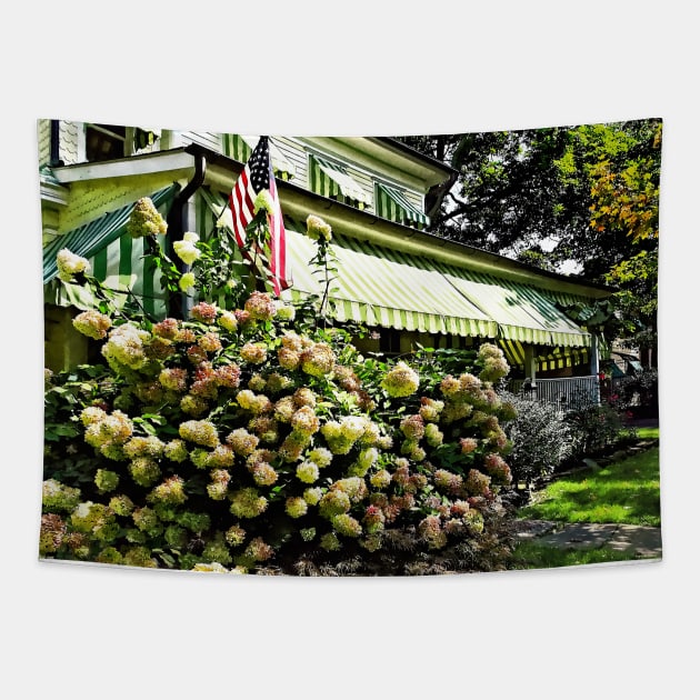 Belvidere NJ - White Hydrangeas and Green Striped Awning Tapestry by SusanSavad