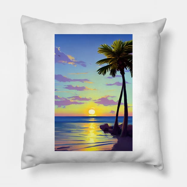 Summer Sunset Palm Tree Beach Ocean Artistic Paradise Landscape Pillow by Trendy-Now