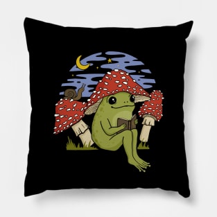 A Cute Frog in Mushroom Cap, Reading Amongst Snails and Toadstools, Embracing Goblincore Charm Pillow