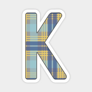 Monogram Letter K, Blue, Yellow and Grey Scottish Tartan Style Typography Design Magnet