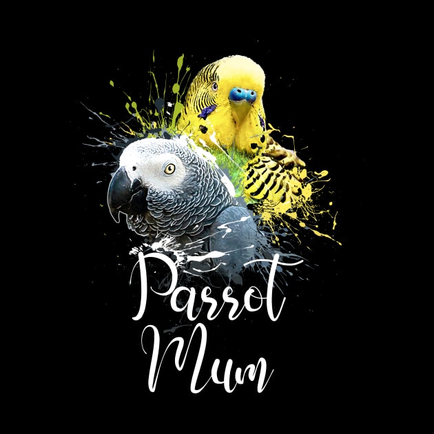 Parrot Mom Color Splatter Budgie and Grey Parrot Black by BirdNerd