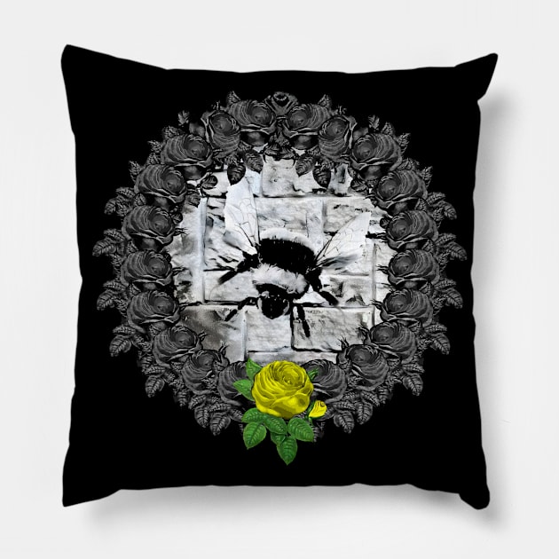 Bee Yellow Rose Wreath Pillow by Nuletto