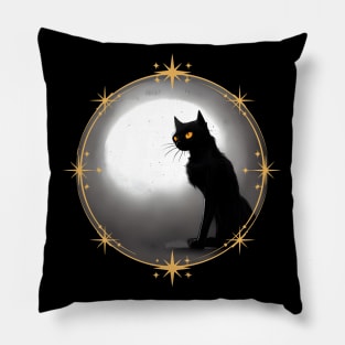 Mysterious black cat full moon in dark atmosphere with stars frame Pillow