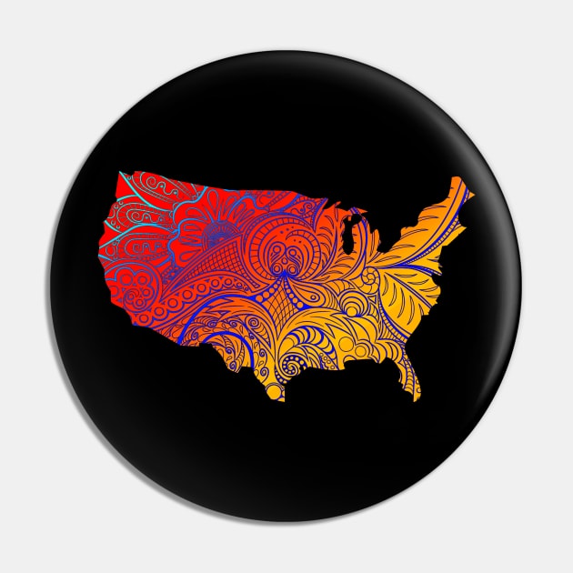 Colorful mandala art map of the United States of America in orange and red with blue Pin by Happy Citizen