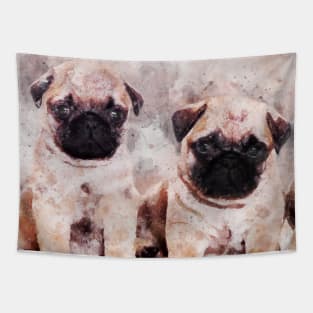 Pug Puppies. Dog Watercolor Portrait 01 Tapestry