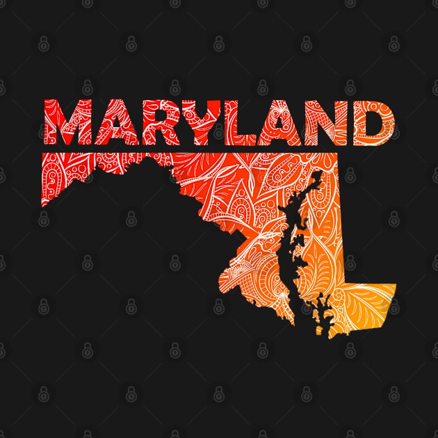 Colorful mandala art map of Maryland with text in red and orange by Happy Citizen