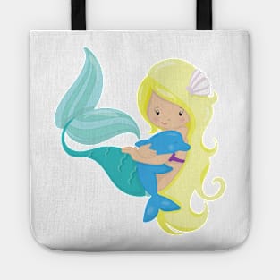 Cute Mermaid, Little Mermaid, Blonde Hair, Dolphin Tote