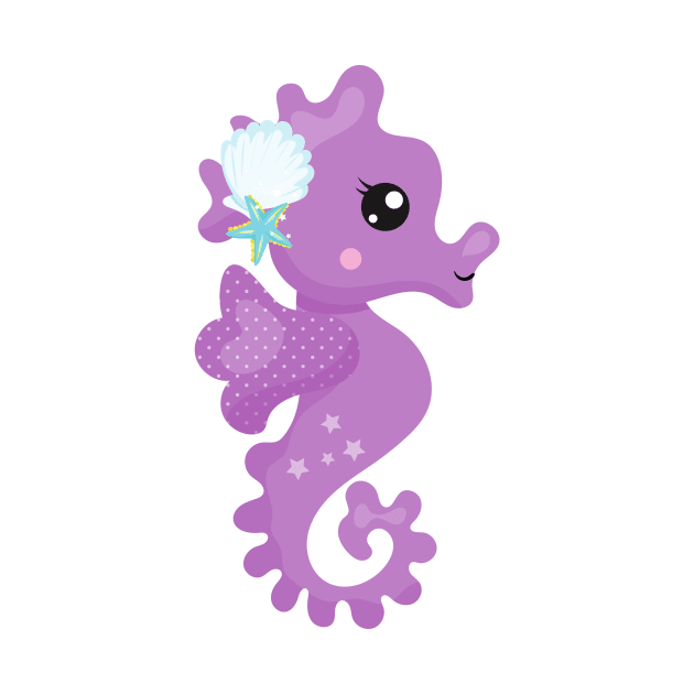 Cute Seahorse, Purple Seahorse, Starfish, Seashell by Jelena Dunčević