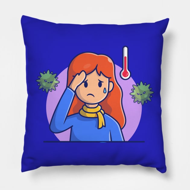 Girl with Fever And Flu Cartoon (2) Pillow by Catalyst Labs